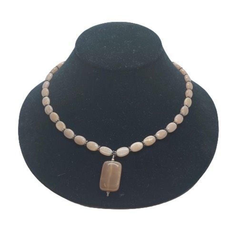 Unique Tan Glass and Sterling Silver Beaded 18” Pendant Necklace